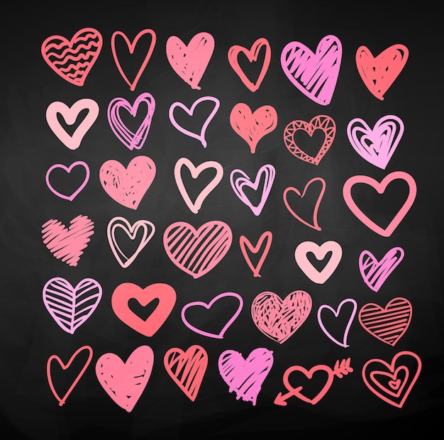 Vector color chalk drawn collection of Valentine hearts on chalkboard background