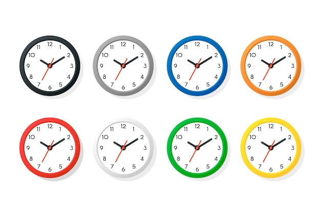 Векторный цветной плоский настенный набор иконок офисных часов, изолированный на белом Различные цвета Белый циферблат Дизайн шаблона настенных часов Макет крупным планом для брендинга Рекламировать вид сверху спереди