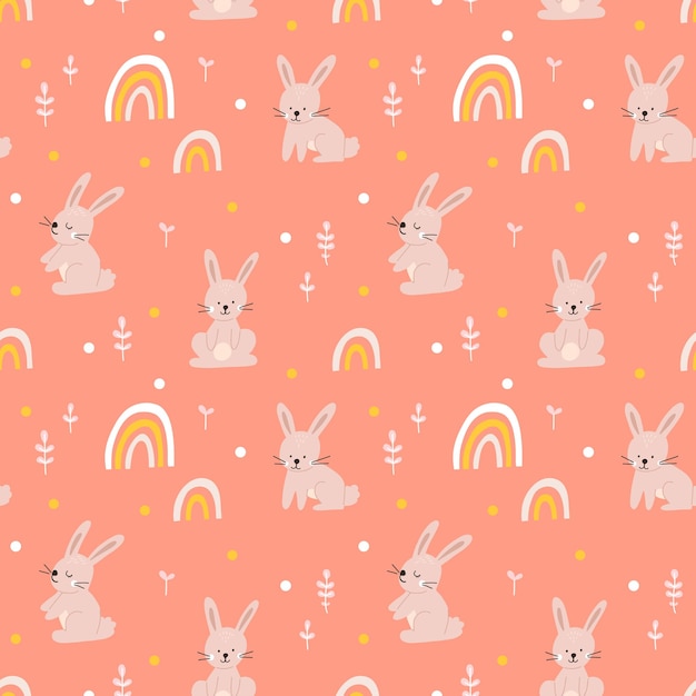 Vector color handdrawn children cute easter seamless pattern with hens bunny easter eggs flowers in scandinavian style Easter colorful set Doodle cartoon spring background Happy easter