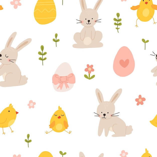 Vector color handdrawn children cute easter seamless pattern with hens bunny easter eggs flowers in scandinavian style Easter colorful set Doodle cartoon spring background Happy easter