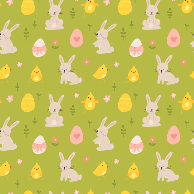 Vector color handdrawn children cute easter seamless pattern with hens bunny easter eggs flowers in scandinavian style Easter colorful set Doodle cartoon spring background Happy easter