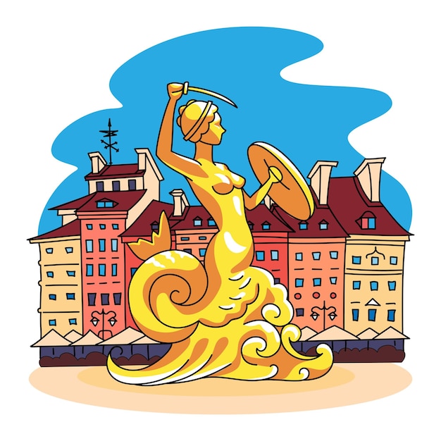 Vector color icon syrenka or mermaid of warsaw old town market square poland polish landmark set