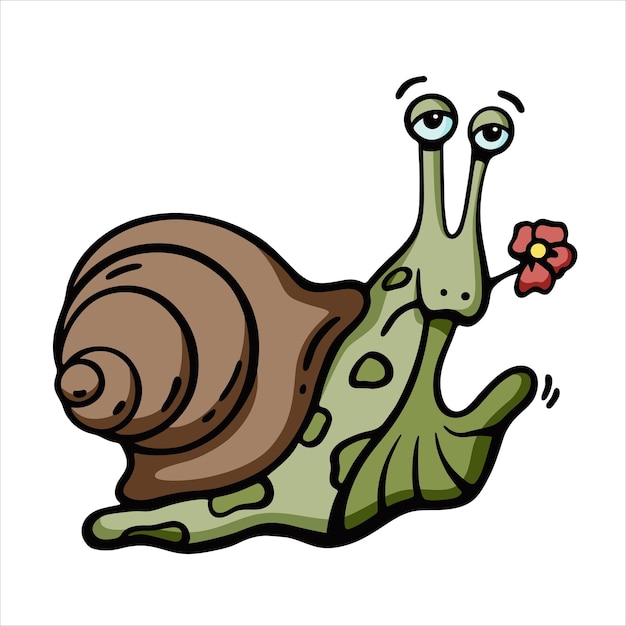 Vector color illustration in cartoon style a snail with a flower waving its paw