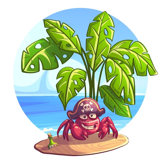 Vector vector color illustration a fern among a flask of rum and a smiling crab in a pirate hat