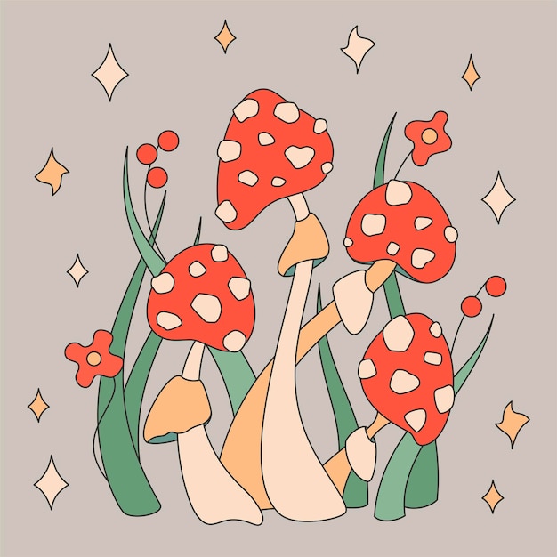 Vector vector color illustration of fly agaric mushrooms herbs and flowers in the colors of 1970