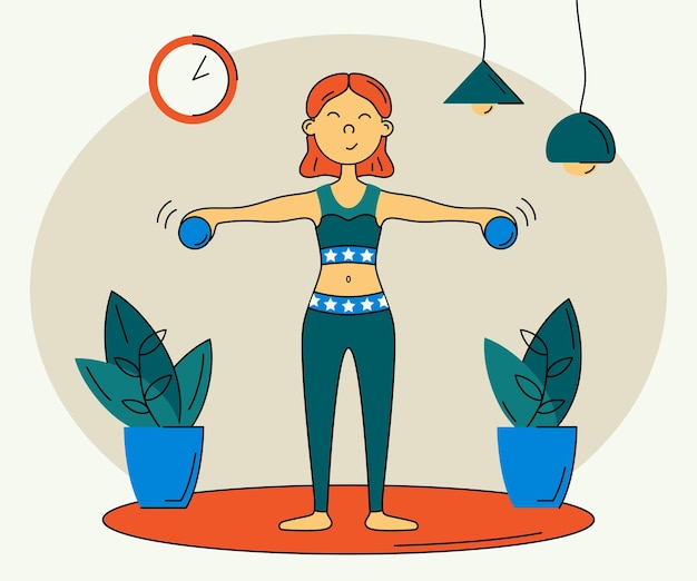 Векторная цветная иллюстрация в плоском стиле: девушка дома занимается фитнесом с гантелями