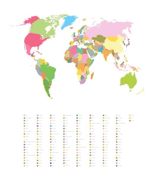 Vettore illustrazione a colori vettoriale di una mappa del mondo con i nomi dei paesi.