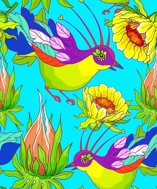 Vector vector color pattern background with birds forgetmenots chamomile peony calendula tropical