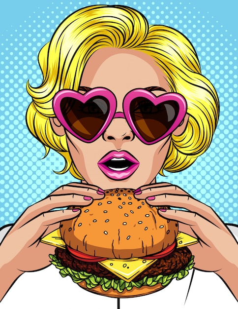 Vettore vector l'illustrazione comica di stile di pop art di colore di una ragazza che mangia un cheeseburger. bella donna d'affari in possesso di un grande hamburger. una giovane donna di successo a bocca aperta morde un enorme hamburger