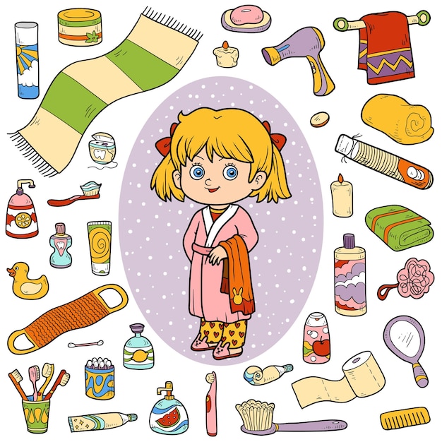 Vector color set of bathroom objects, little girl and bathrobe