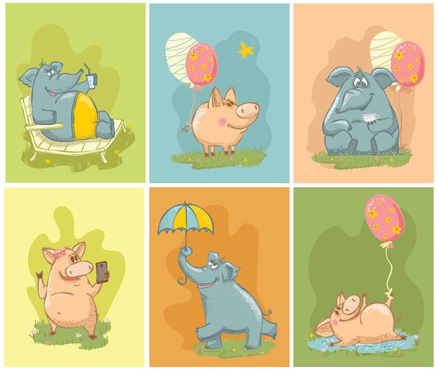 シンプルな漫画のスタイルでかわいい象と豚のベクトルカラーセット