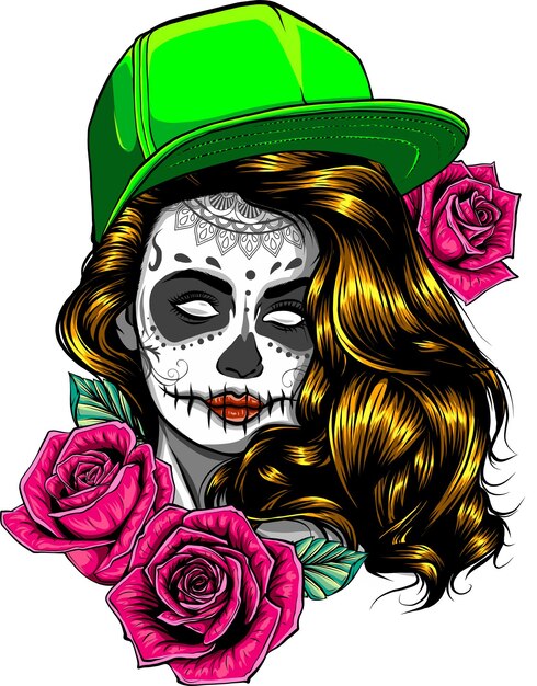Vector color skull woman illustration on white background digital hand draw design