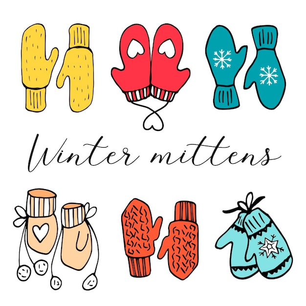 Vector colored hand-drawn mittens set. Vector illustration