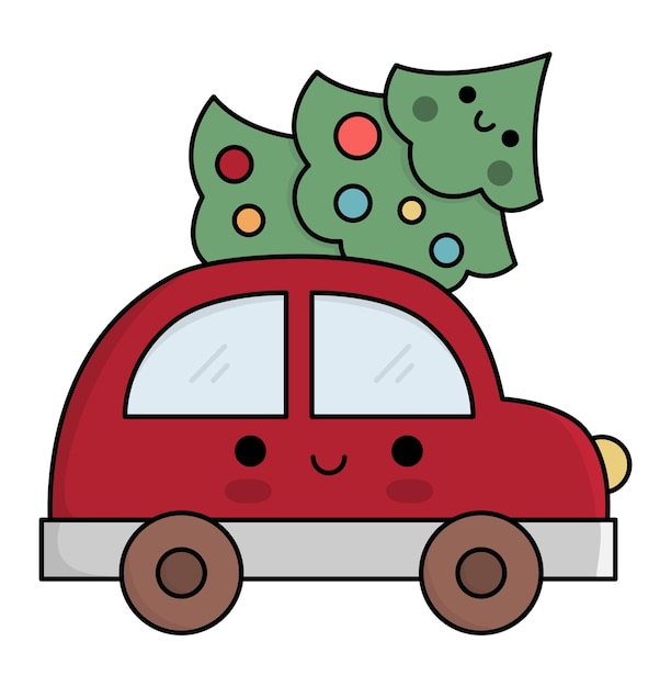 Vector colored kawaii car with Christmas tree Cute winter automobile illustration isolated on white background New Year transport with decorated fir tree Funny cartoon holiday icon