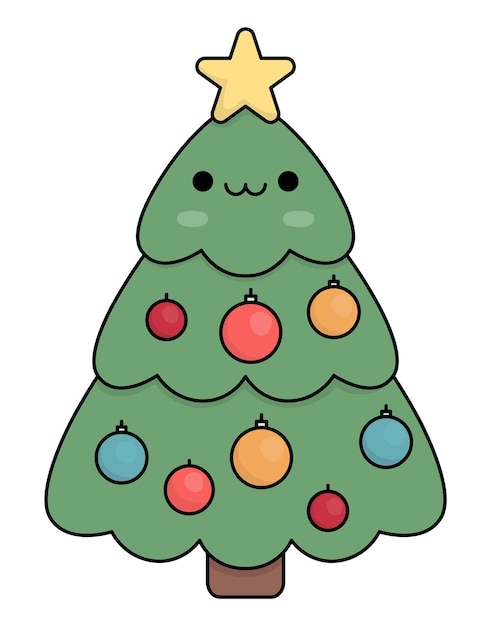 Vector colored kawaii Christmas tree with star Cute fir tree character illustration isolated on white background New Year or winter smiling symbol Funny cartoon holiday icon