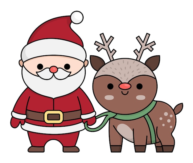 Vector colored kawaii Santa Claus with deer Cute Father Frost illustration isolated on white Christmas winter or New Year character with reindeer Funny cartoon holiday icon