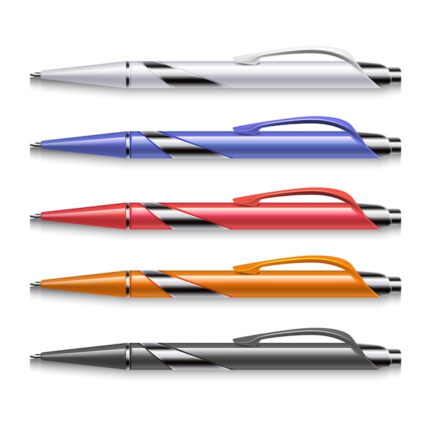Vector colorate penne per ufficio. set di penna a sfera colorata per lavoro d'ufficio ed educazione a scuola illustr