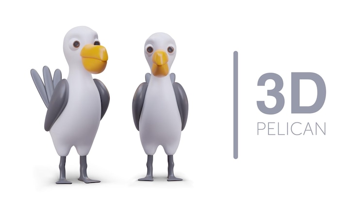 Vector vector colored pelican front and side view shiny 3d toy
