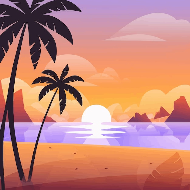 Вектор Векторный цветный фон заката на тропическом пляже с силуэтами пальмовых деревьев