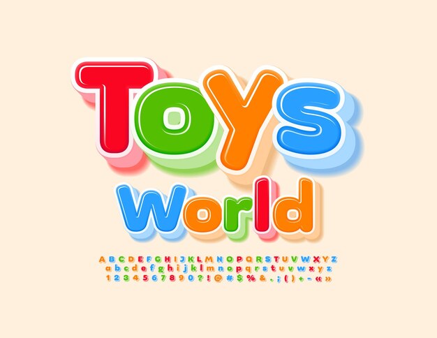 Vector colorful Banner Toys World Cute kids 3D Font Bright Alphabet Letters and Numbers set