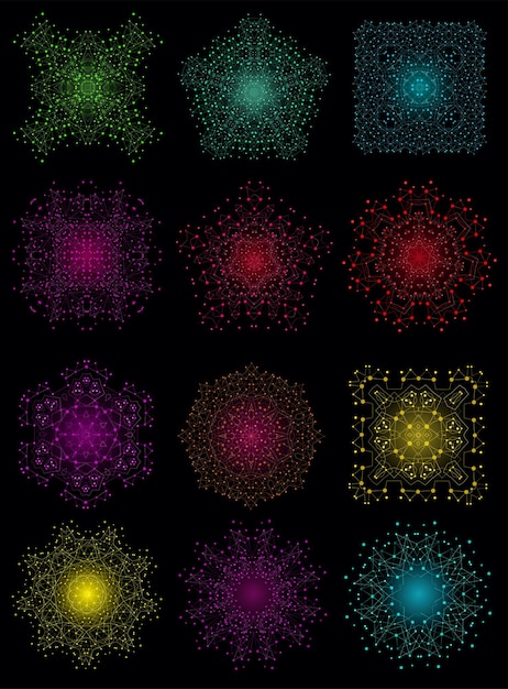 Struttura molecolare a forma di reticolo luminoso colorato vettoriale con sfondo di linee e punti big set