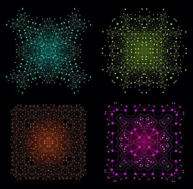 Вектор красочные яркие формы, молекулярная структура с линиями и точками фона набор.