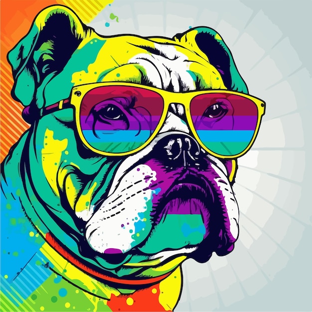 Vector il bulldog colorato con un occhiale da sole nell'illustrazione in stile pop art