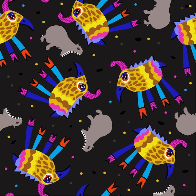 Vector colorful childish seamless pattern with fantastic animals isolated on dark background