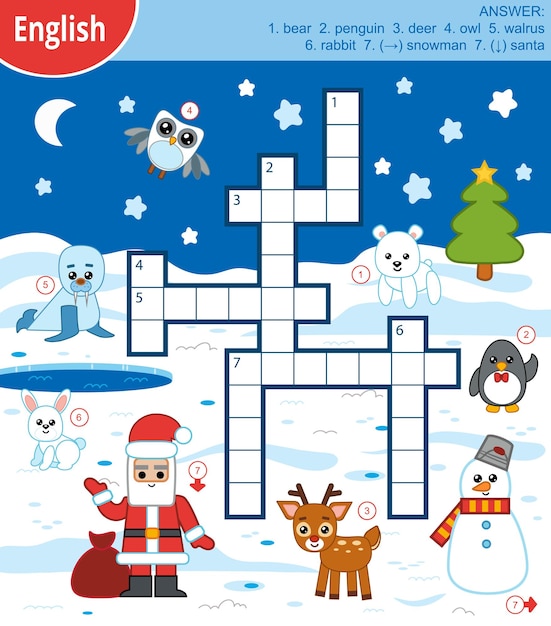 Vector colorful crossword in English, education game for children about winter animals and Christmas