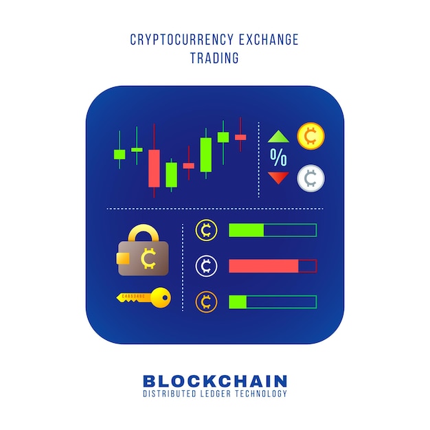 Vector colorful flat design blockchain cryptocurrency exchange trading principle scheme currency candles rates, wallet key, orders illustration blue rounded square icon isolated white background