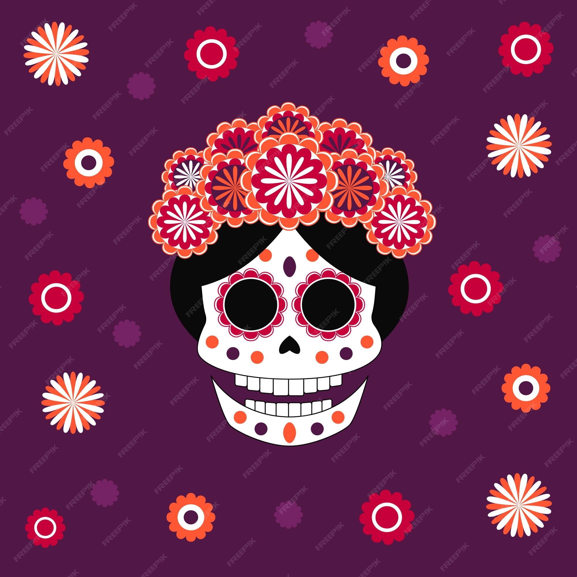 Premium Vector | Vector colorful flat skull katrina with bright flowers in  cartoon style on purple background