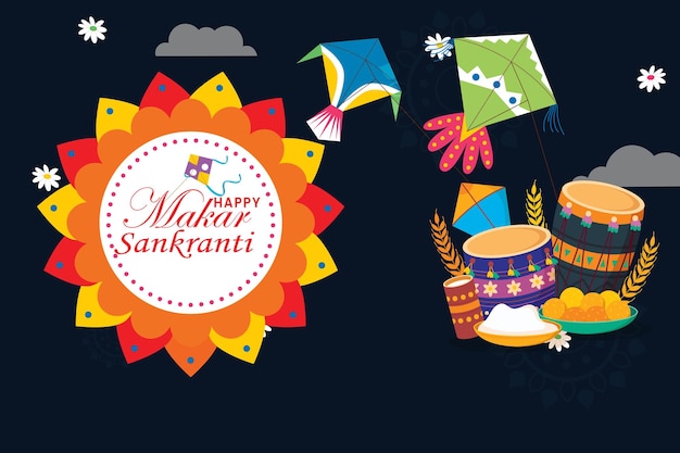 Vector vector colorful flying kites for makar sankranti festival template