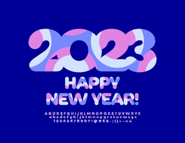 Vettore cartolina d'auguri variopinta di vettore felice anno nuovo 2023! caratteri luminosi per bambini. lettere dell'alfabeto creativo