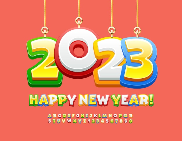 Vector colorful Greeting Card Happy New Year 2023! Funny Kids Font. Modern creative Alphabet Letters