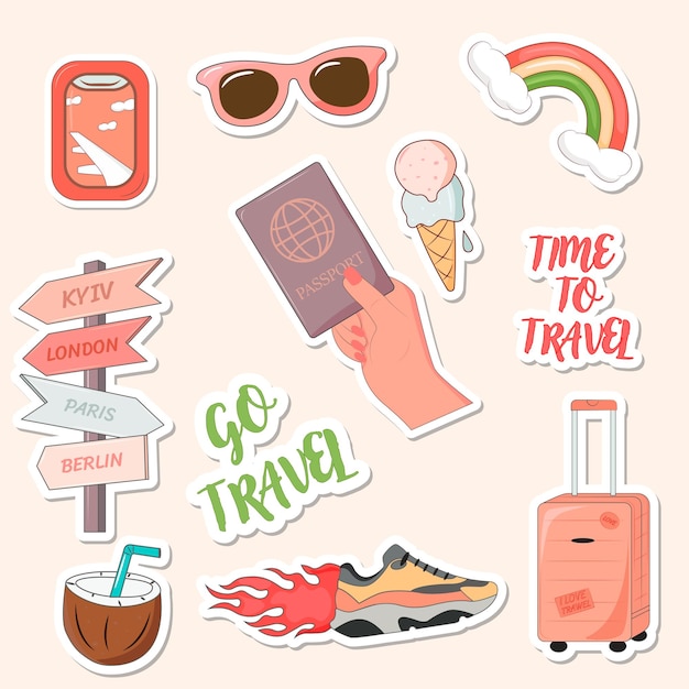 Vector colorful hand drawn travel theme stickers collection