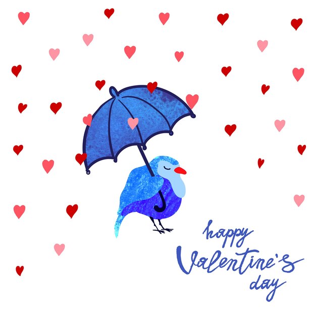 Illustrazione variopinta di vettore dell'uccello sveglio con l'ombrello sotto la pioggia di cuori buon giorno di san valentino