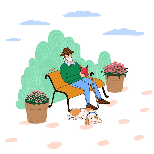 Vector colorful illustration of cute old man sitting on a park bench reading a book
