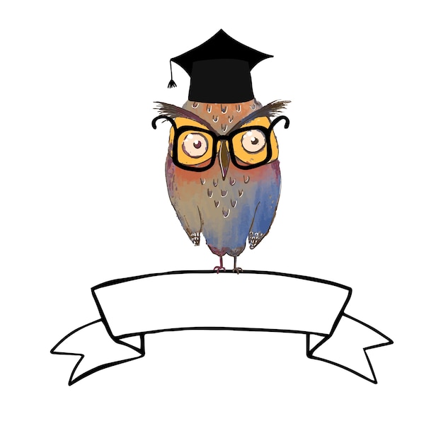 Vector colorful illustration of cute owl in graduate cap and ribbon banner