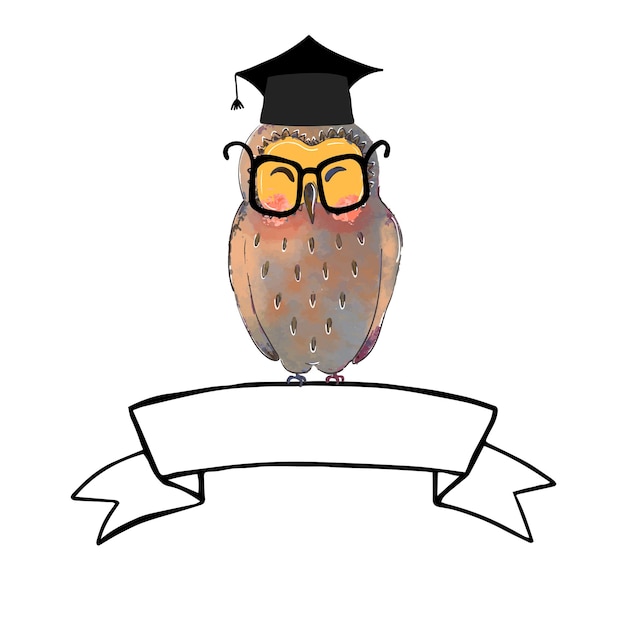 Vector colorful illustration of cute owl in graduate cap and ribbon banner