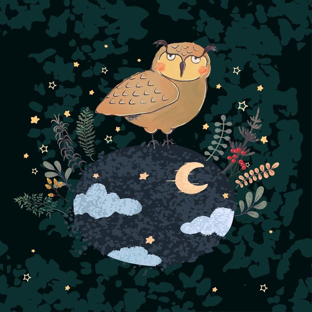 Vector vector colorful illustration of cute owl and night forest for your design