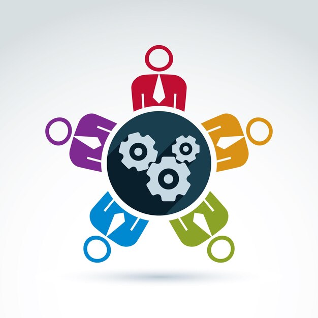 Vector vector colorful illustration of gears - enterprise system theme, international business strategy concept. cog-wheels, moving parts and people, components of manufacturing process.
