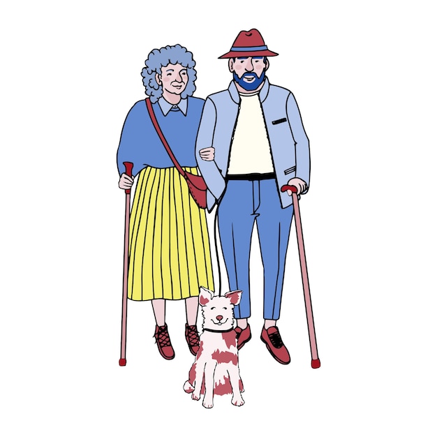 Illustrazione variopinta di vettore di persone anziane che camminano con il loro cane isolato su sfondo bianco