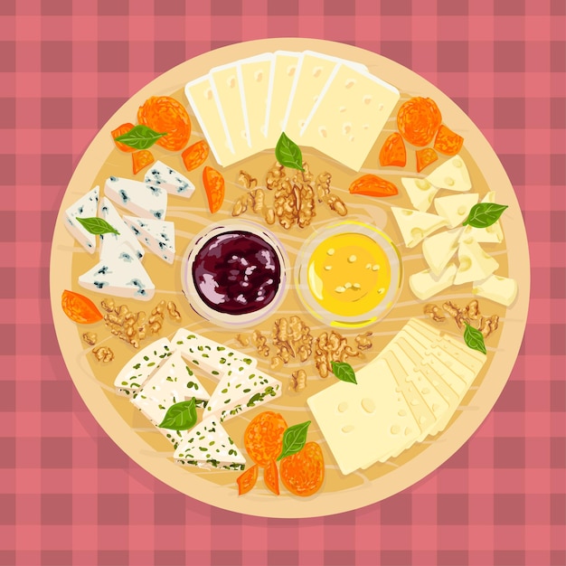 Vector vector colorful illustration set of cheeses on wooden plate.