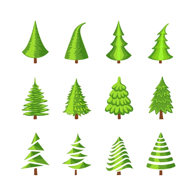 白い背景で隔離のクリスマスツリーアイコンのベクトルカラフルなイラストセット。グリーティングカード、招待状、バナー、ウェブデザインに使用できます。