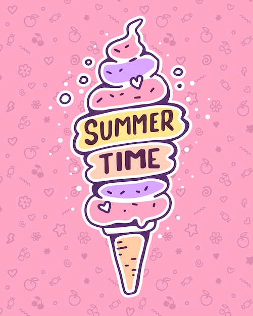 Vector colorful illustration of very high ice cream with inscription on pink background. Summer time