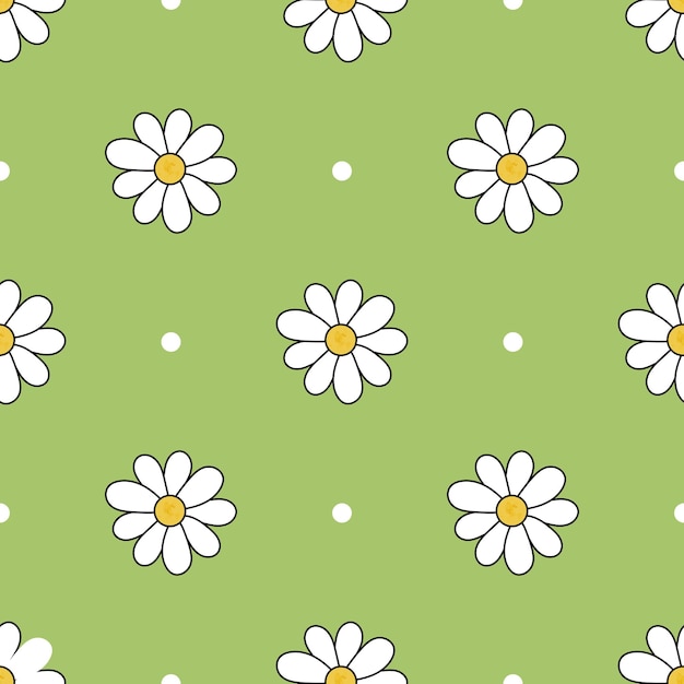 Vector vector colorful pattern of different size camomile flower with green background and white dots