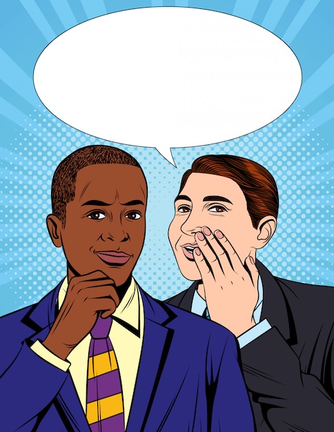 Vector vector colorful pop art comic style illustration of one businessman telling a secret information to his colleague. portrait of two young handsome guys in suit who having a dialog