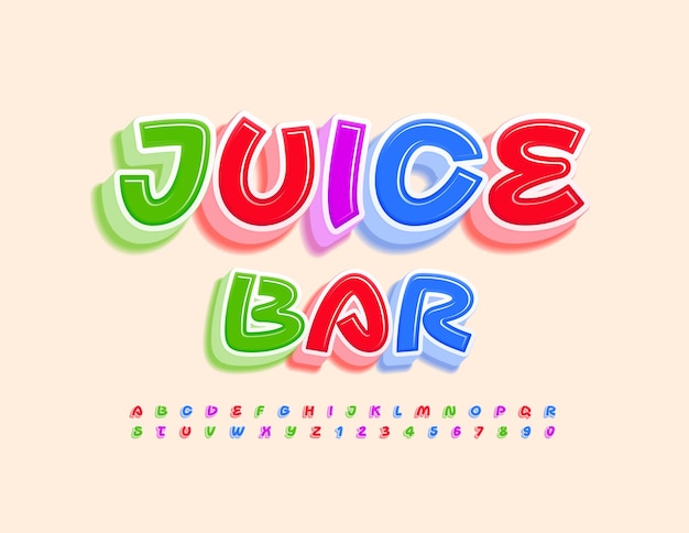 Poster colorato vettoriale juice bar luminoso font 3d unico set di lettere e numeri dell'alfabeto creativo