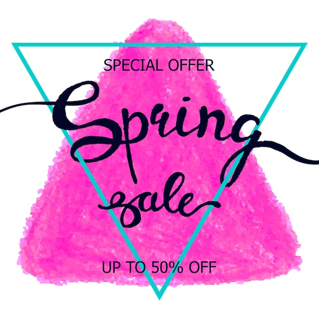 Vector colorful poster Spring sale with triangular frame crayon scribble texture background