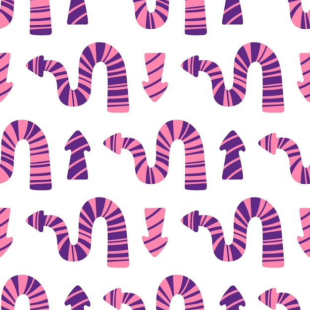 Vector colorful seamless pattern with playful purple and pink arrows Abstract quirky dynamic striped arrow on white background Trendy childish textured arrow wrapping Seamless pattern design